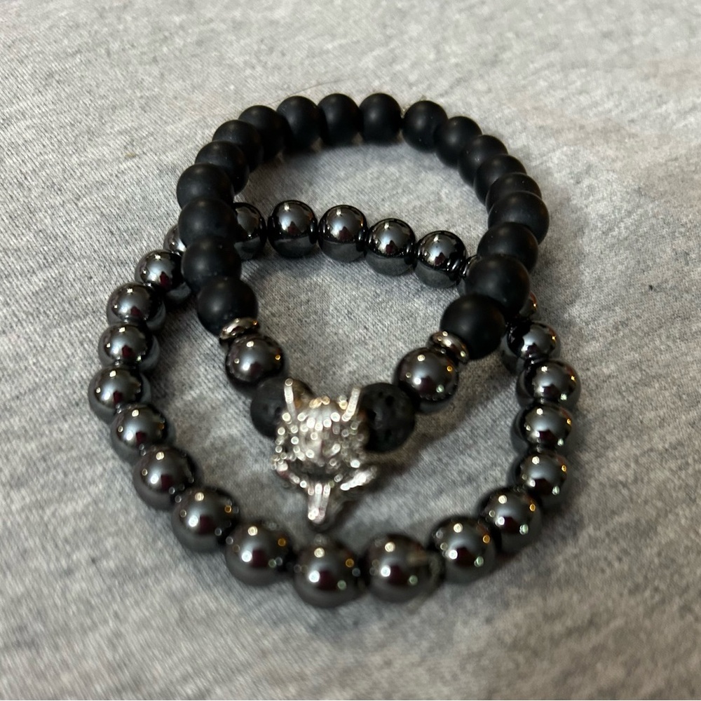 Hematite and Lava Stone Bracelets with Wolf Charm